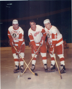 From left, Marty, Gordie and Mark Howe on ice at Olympia Stadium in Detroit 1971. Gordie was in his last months as a Red Wing. In 1972, Mark Howe played for the United States Olympic team winning a silver medal in Sapporo, Japan. Photo by Bob Flath. 