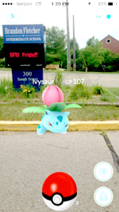 ‘Ivysaur,’ a Pokémon virtual character, hangs out in Ortonville. 