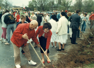 Ed Kassuba and Jackie Nowicki, building committee member work on the church project in 1989.