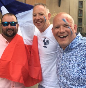 From left, Mike Yelland, Jason Gray and Aaron Orkisz Goodrich School district teachers celebrate in Paris following the French World Cup victory last Sunday. The World Cup win was the first for France in 20 years and sparked countrywide celebrations. Photo provided. 